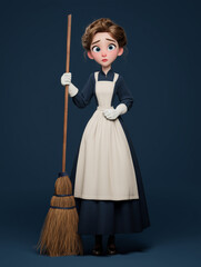 Animated character dressed in a maid uniform holding a broom