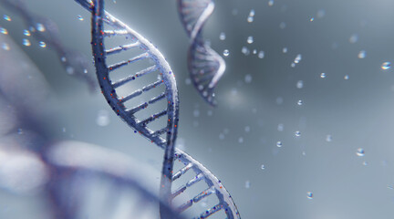 Abstract DNA double helix floating in soft light, symbolizing biotech science, anti-aging technology, and futuristic cosmetic development.