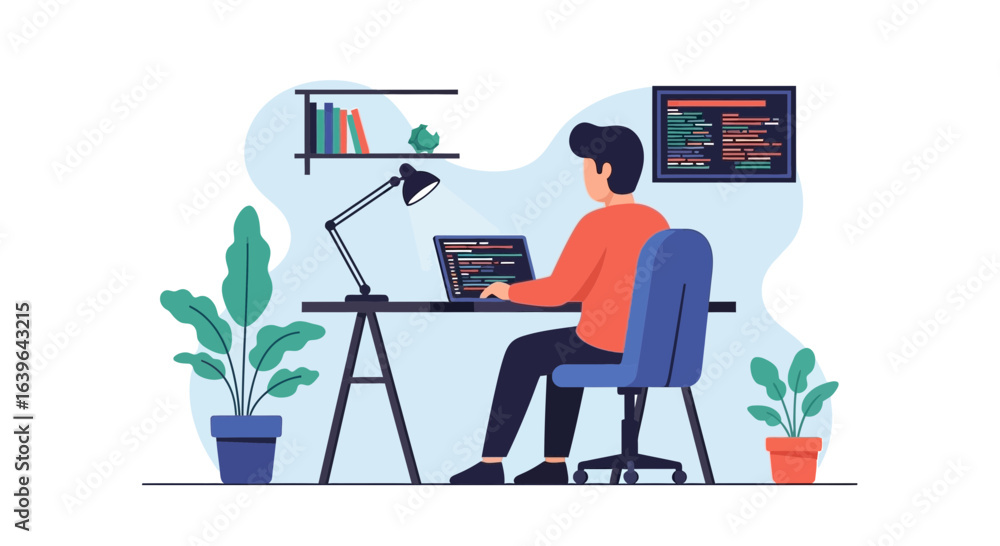 Poster freelance coder working from home illustrative design template