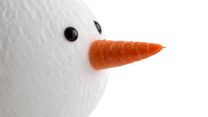 Closeup of minimalist snowman face with carrot nose and coal eyeson the transparent background for winter holiday themes