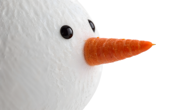 Closeup of minimalist snowman face with carrot nose and coal eyeson the transparent background for winter holiday themes
