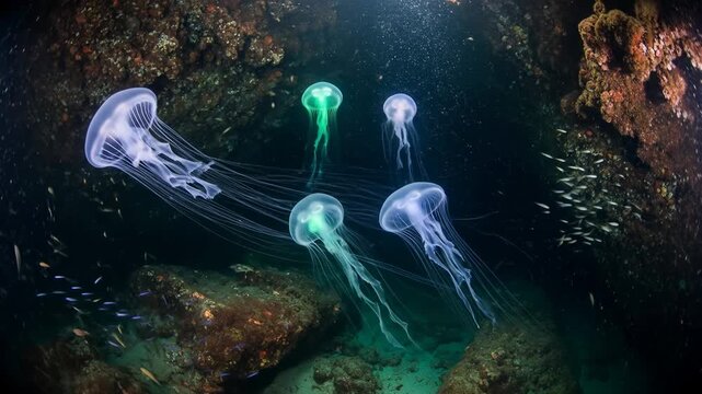 Mesmerizing bioluminescent jellyfish gracefully floating in underwater cave