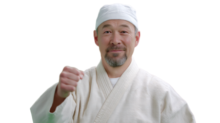 A skilled martial artist in traditional attire, displaying confidence and readiness for training or competition.