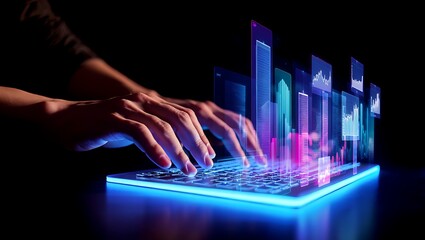 Typing on a glowing laptop with emerging data graphs for business analysis and financial planning in the digital age concept