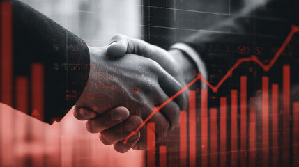 Handshake between partners with overlay of rising chart and numbers.