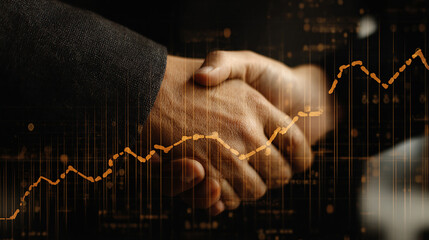 Handshake between partners with overlay of rising chart and numbers.