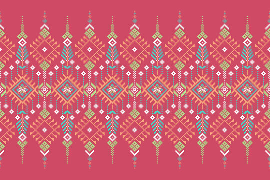 Cross stitch pattern concept showcasing traditional ethnic geometric pattern, Design for textile, background,carpet,wallpaper,clothing,wrapping,Batik,fabric,Vector illustration	
