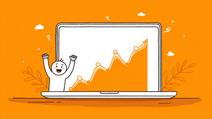 Laptop screen showing skyrocketing line graph with excited viewer.