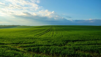Fototapeta premium Vibrant Green Field Under a Blue Sky with Wispy Clouds Tranquil Rural Landscape Photography