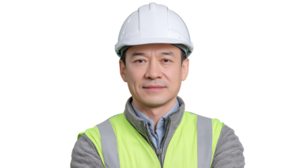 A confident male construction worker in a helmet and safety vest, showcasing professionalism and dedication in his trade.