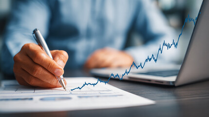 Man holding pen to sign paper, laptop with rising financial curve beside