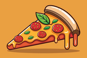 A slice of cartoon pizza with pepperoni, cheese, and basil topping
