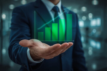 Businessman pushes a virtual graph on a digital screen, showing business growth and innovation