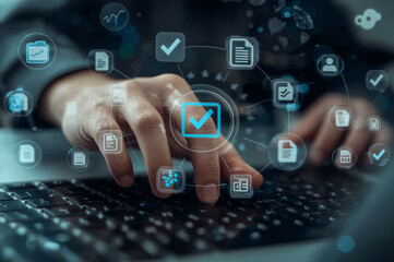 Businessman pushing a social media network icon on a digital touchscreen interface