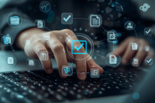Businessman pushing a virtual social media icon on a digital touchscreen