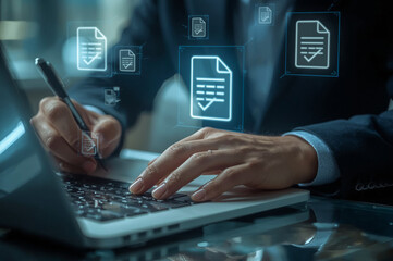 Closeup of hands typing on a laptop keyboard to work done