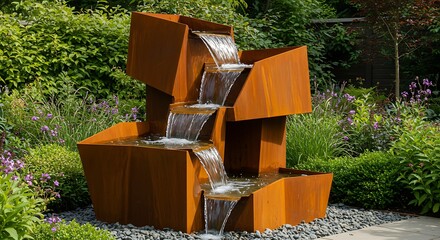Modern Geometric Rusted Steel Fountain Cascading in a Lush Garden Oasis