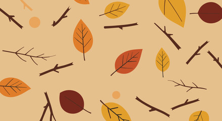 Autumn leaves and twigs pattern natural setting graphic design warm color palette aesthetic viewpoint for seasonal decor. Vector illustration