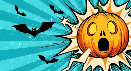 Fototapeta na wymiar Halloween Pumpkin with Surprised Face and Flying Bats in Comic Style