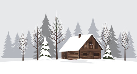 Naklejka premium Winter scene cozy cabin surrounded by snowy pines digital illustration tranquil environment serene viewpoint. Vector illustration
