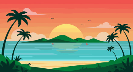 Fototapeta premium Sunset sailing adventure tropical island digital illustration calm ocean panoramic view vacation dreamscape. Vector illustration