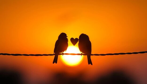 A romantic silhouette of two birds sitting closely on a wire at sunset, their heads forming the shape of a heart