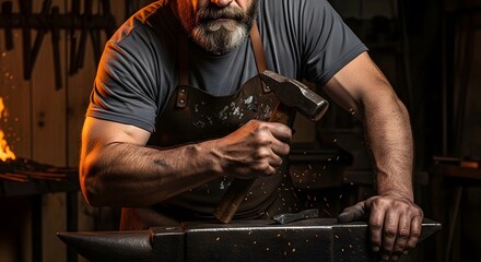 A bearded blacksmith in an apron forges metal with a hammer on an anvil in a rustic workshop.