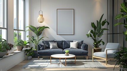 Living room interior with sofa chair plants and window light creating a bright and inviting atmosphere