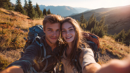 Young couple traveling with backpacks taking selfie in nature with mountain background.