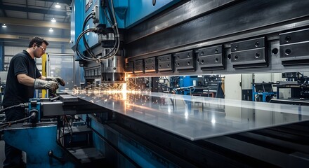 Metalworker and a large industrial machine in a factory producing sparks, A machine shop's worker and the metal forming machine shaping sheets of metal