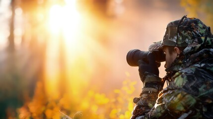 Hunter camouflage wildlife forest binoculars photography outdoors sunrise nature observation of deer in autumn woods for adventure, stealth, animal tracking, and professional hunting gear