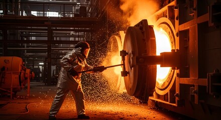 A steelworker is tending to a furnace in a steel mill, wearing heat-resistant clothing, working under extremely high temperatures,Hot molten metal in steel plant