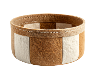 striped woven felt storage basket in brown and white on isolated white background
