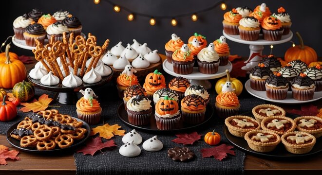Halloween Sweets Extravaganza: A mouthwatering assortment of Halloween-themed treats, featuring elaborately decorated cupcakes, pastries, and cookies.