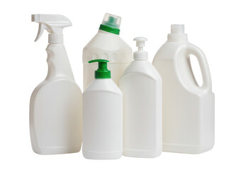 Collection of various white plastic cleaning product bottles with spray pumps and handles isolated on transparent background