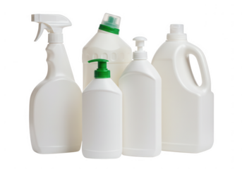 Collection of various white plastic cleaning product bottles with spray pumps and handles isolated on transparent background