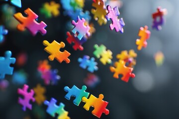 Colorful jigsaw puzzle pieces floating in the air