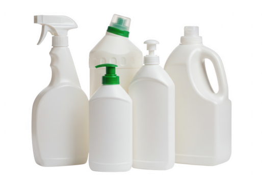 Collection of various white plastic cleaning product bottles with spray pumps and handles isolated on transparent background