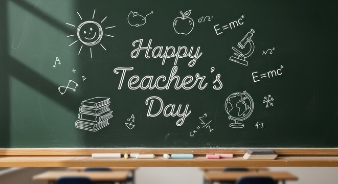 Teacher's Day Blackboard Wishes: A heartwarming Teacher's Day message, artfully displayed on a chalkboard, adorned with classic educational symbols and whimsical drawings. - Powered by Adobe
