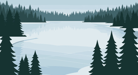 Tranquil winter scene featuring a frozen lake surrounded by evergreen forests in a serene natural landscape. Vector illustration