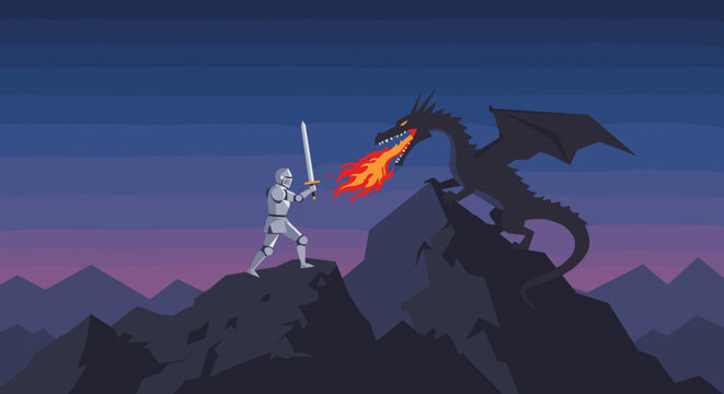 Epic battle between knight and dragon fantasy realm digital illustration dramatic landscape wide angle view adventure theme. Vector illustration