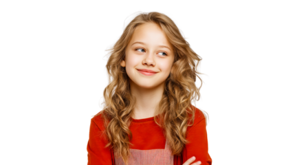 Smiling young girl with wavy blond hair looking sideways on a white transparent background