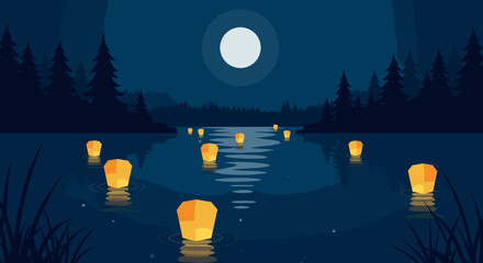 Floating lantern festival on a tranquil lake under a full moon nighttime serenity digital illustration. Vector illustration