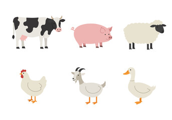 Naklejka premium Features a cow pig sheep chicken goat and goose in a cartoonish style set against a plain white background