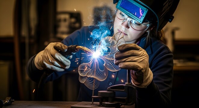 A skilled craftswoman wearing protective gear carefully welds an intricate metal flower sculpture in her workshop.