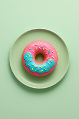 Colorful donut with pink and blue icing and sprinkles on green plate and background, bright and cheerful dessert