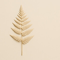 Fern leaf with detailed texture in beige tone on matching background, creating calm and natural aesthetic