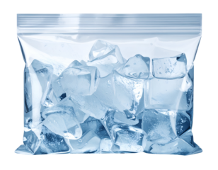 transparent ziplock plastic bag with ice cubes chilled freezer pack on isolated white background