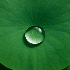 Water droplet on green leaf with visible veins creates fresh and calming natural scene with vibrant colors and smooth texture