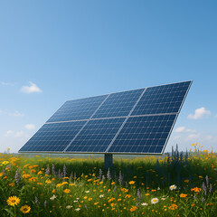 Solar panel in wildflower field under clear blue sky with bright sunlight and colorful flowers